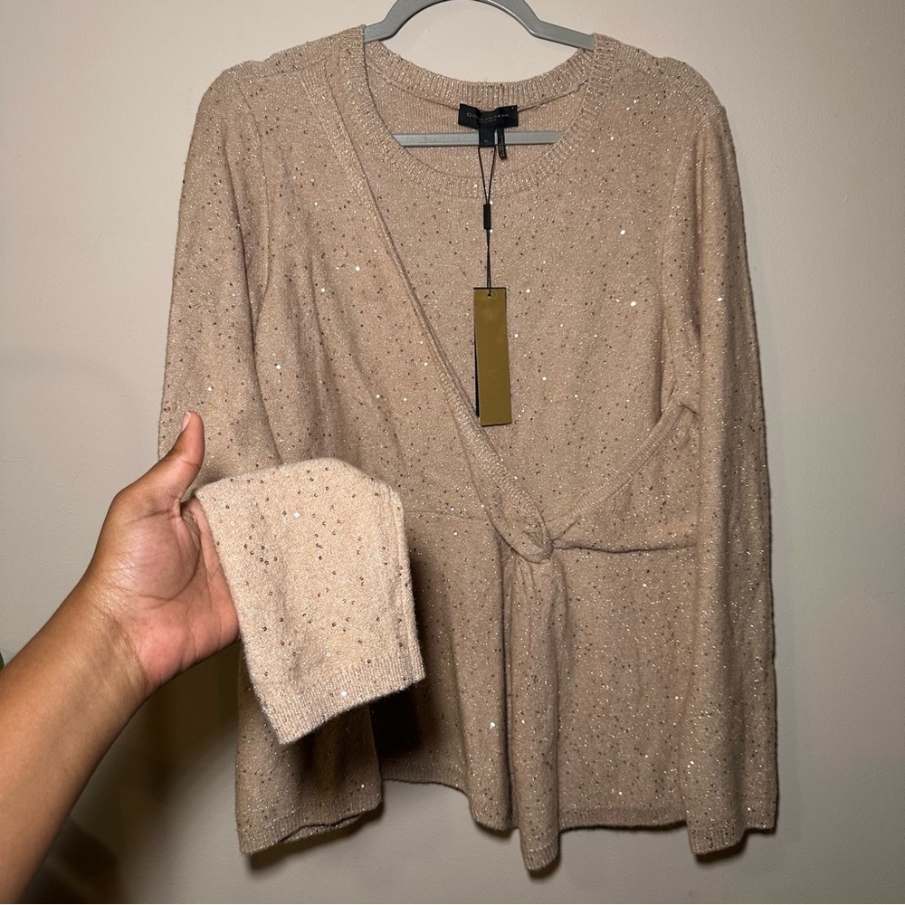 Donna Karan Beige Sequin Knit Side Knot Sweater Top Size XL